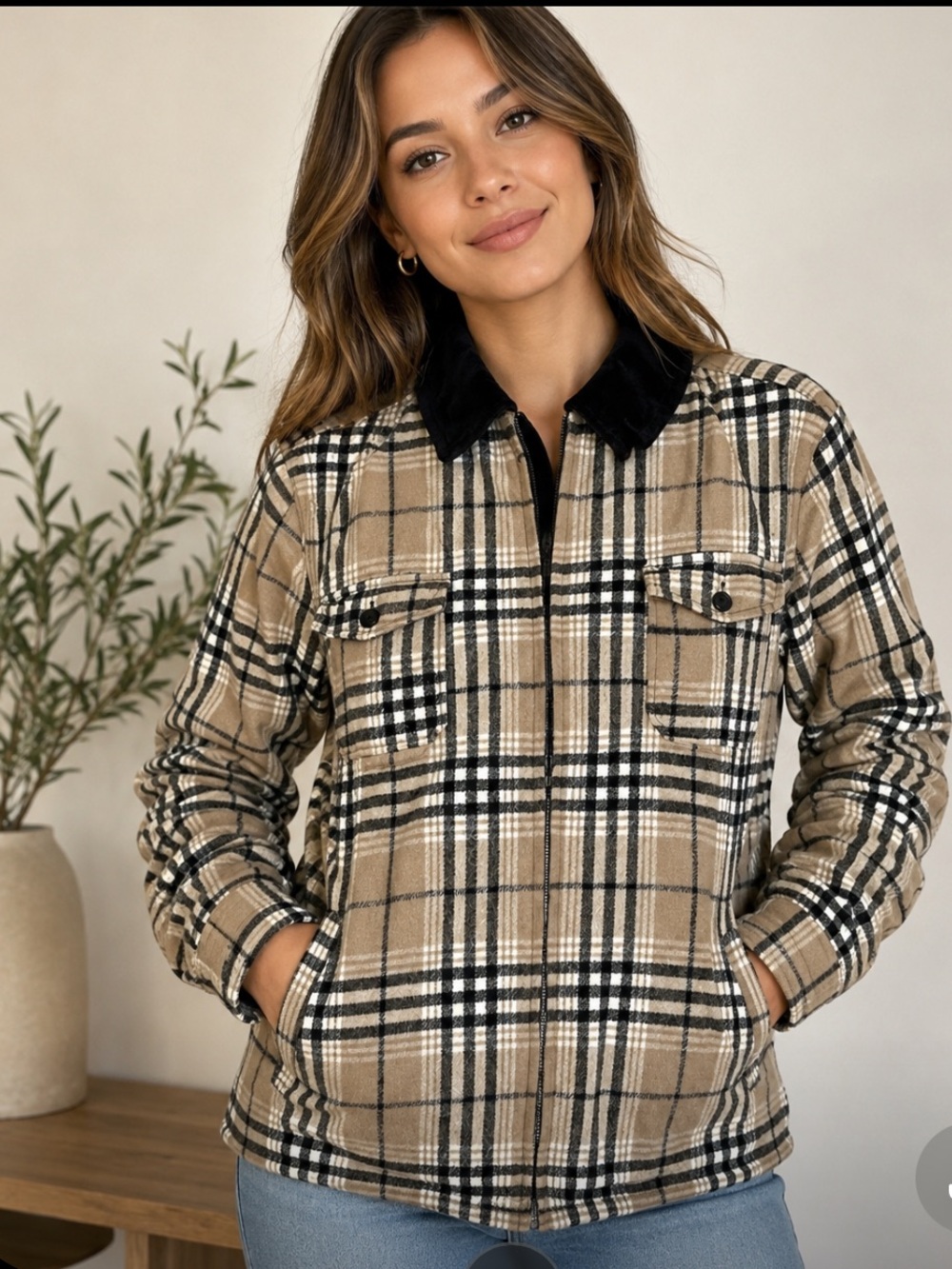 Plaid Zip-Up Jacket Button Front, Fleece Lined, Casual Fall Jacket
